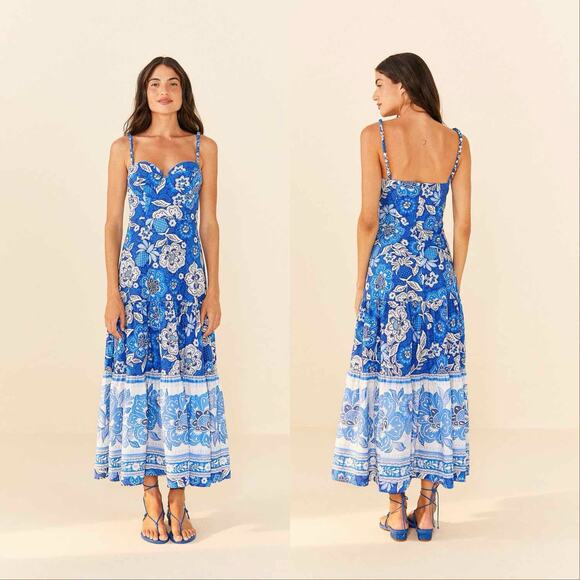 Farm Rio Full of Flowers Organic Cotton Midi Dress Blue Sz Small - Picture 3 of 10